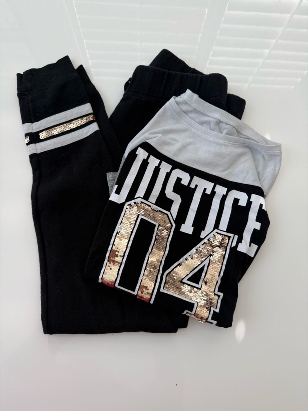 Justice Black & White Tee and Joggers Set with Gold/Silver Sequin Numbers